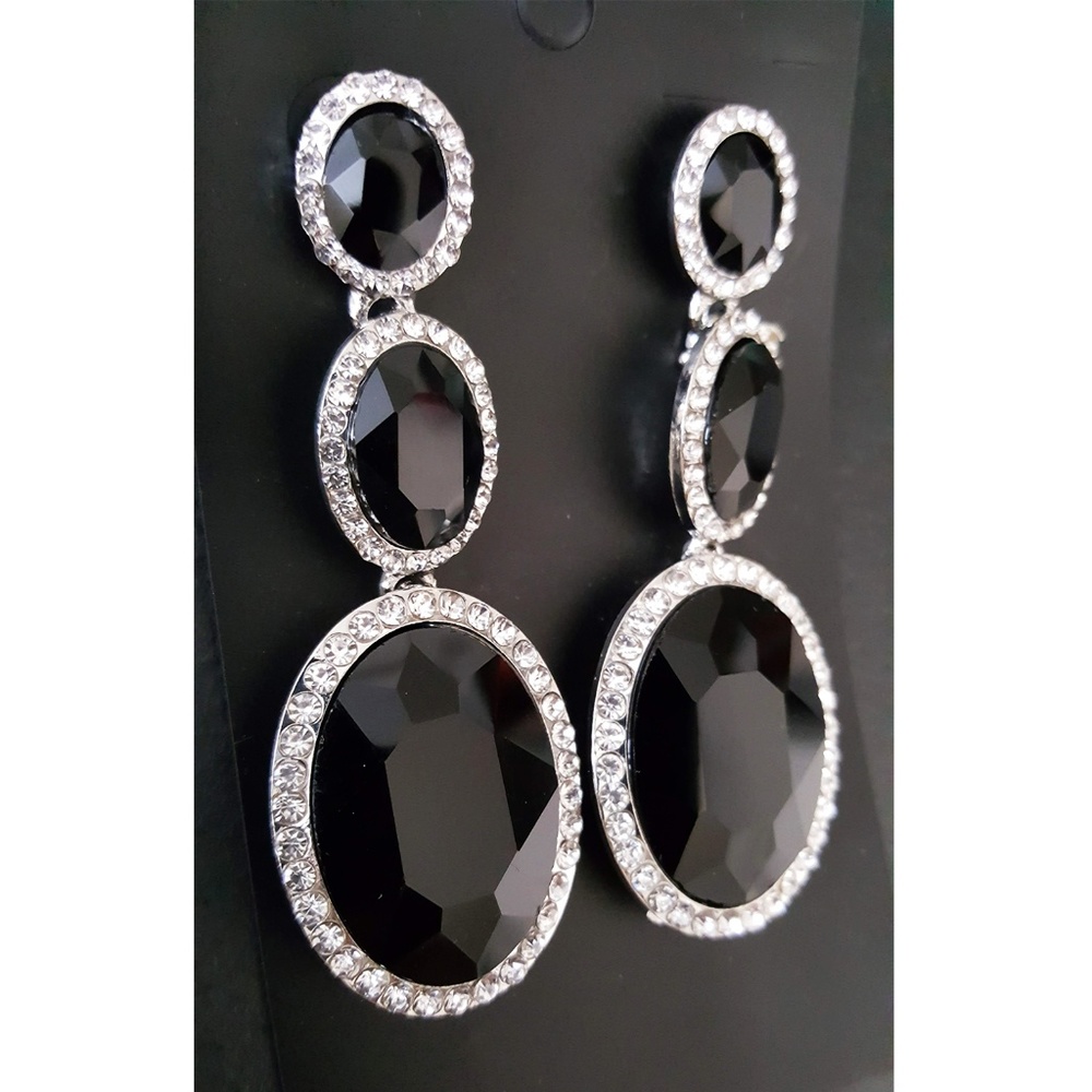 ❤️$3/18 3 Tiered Black Gems Drop Stud Earrings